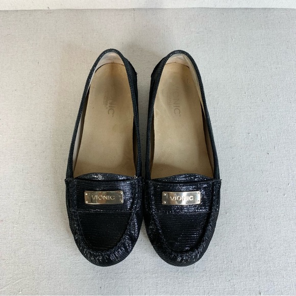 Vionic Sydney Leather Reptile Embossed Black Sparkle Loafers/Flats - Size 8 - Picture 9 of 16